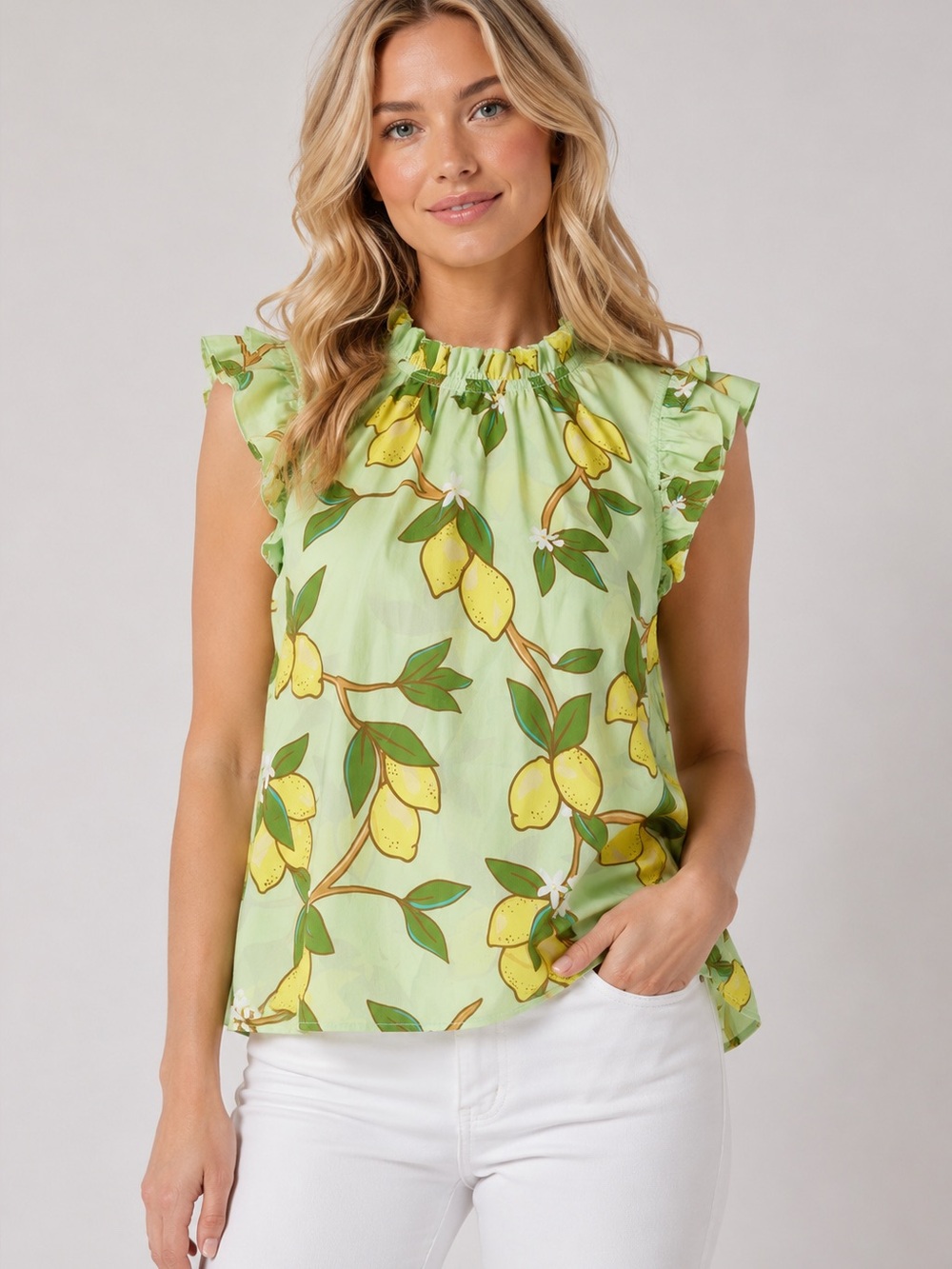 Ryegrass Lemon Print Ruffle Sleeve Top Size Large Green Yellow New NWT